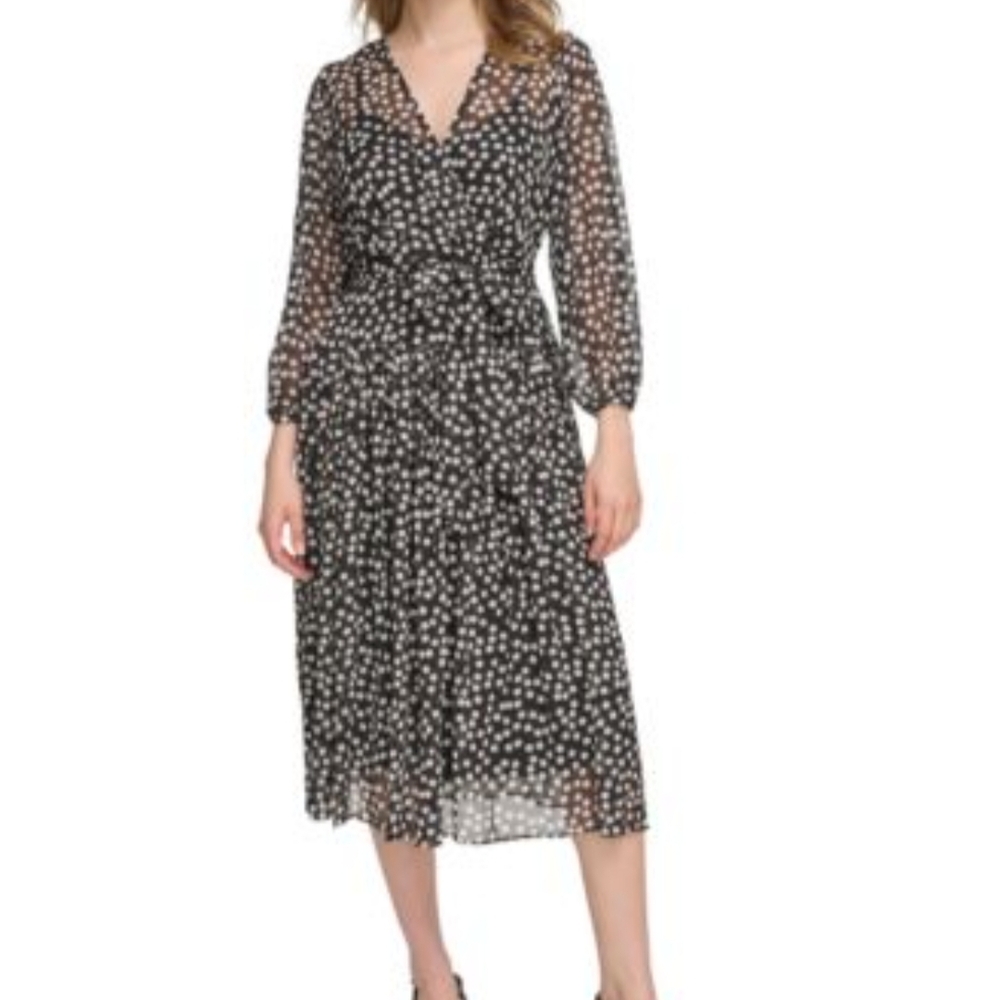 Calvin Klein Olive Green Polka Dots Medium Faux Wrap Midi Dress